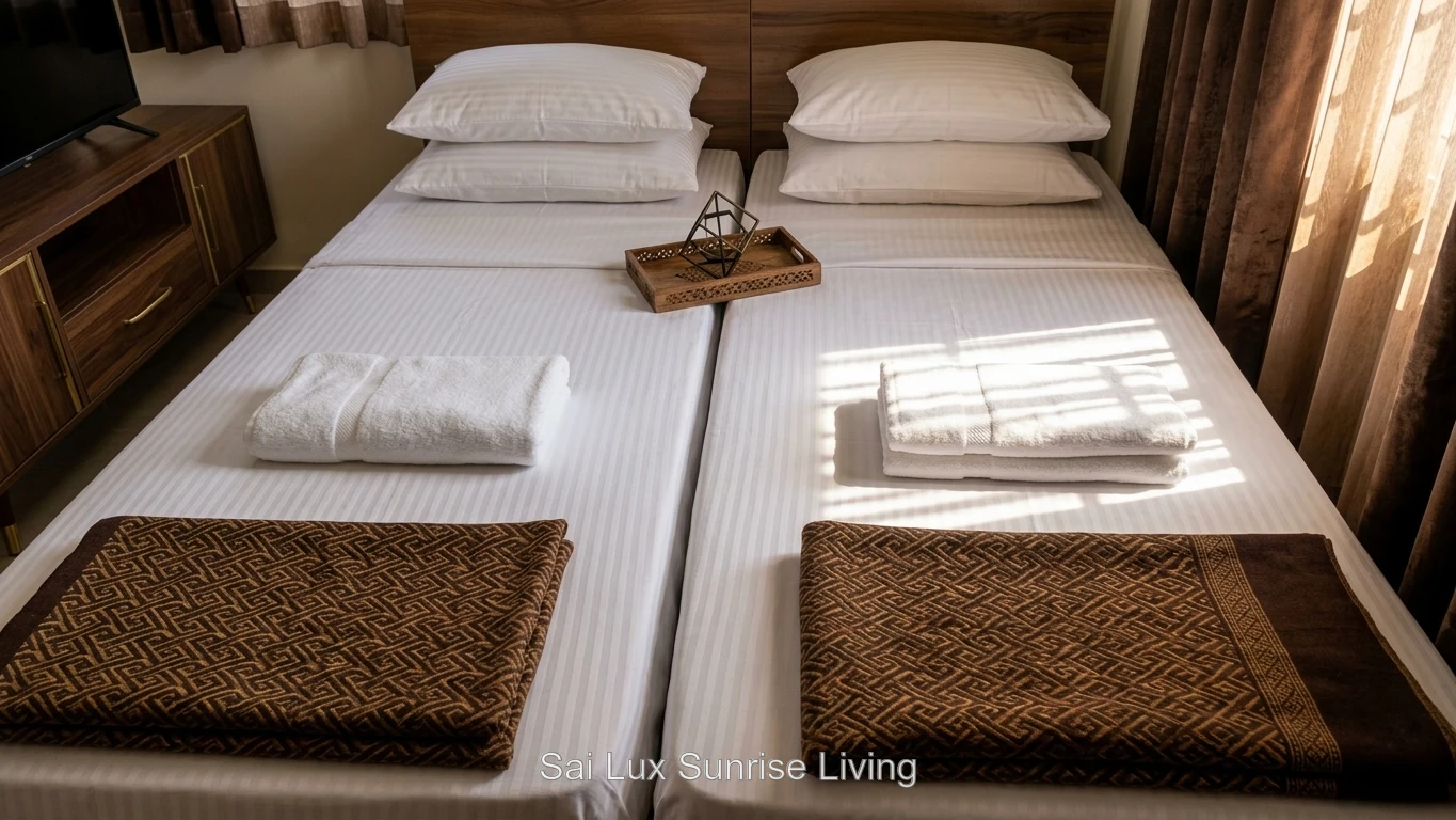 Twin beds made up with crisp white linen, folded towels and a Smart TV unit at Sai Lux Sunrise Living