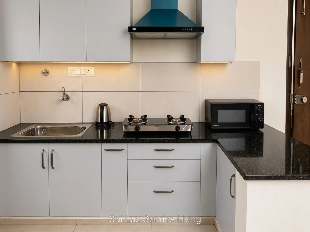 Modular kitchen with granite counter, sink, gas hob, chimney, electric kettle and microwave