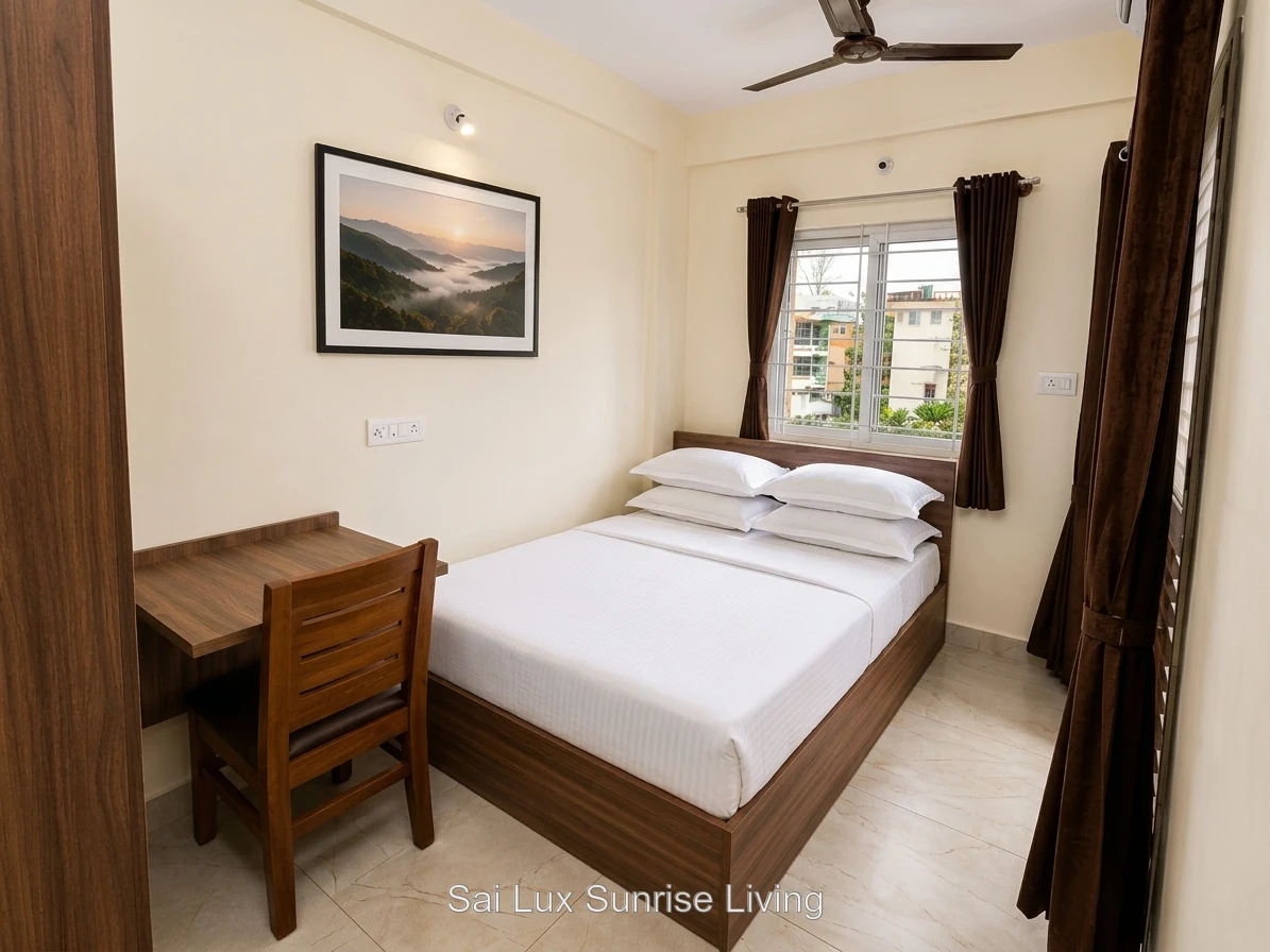 Bedroom with double bed, writing desk and chair at Sai Lux Sunrise Living