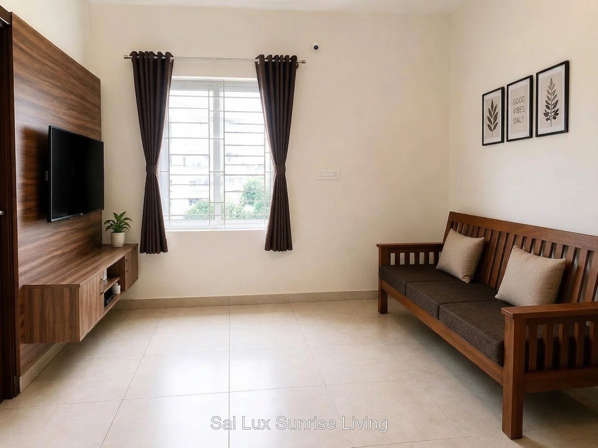Living area with wall-panelled Smart TV, wooden sofa, cushions and a curtained window