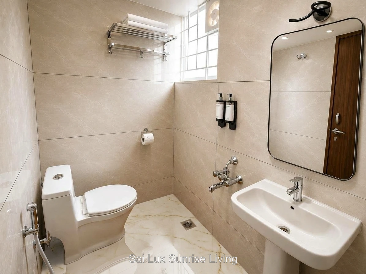 Bathroom with pedestal wash basin, framed mirror, towel rack and wall-mounted toiletry dispensers