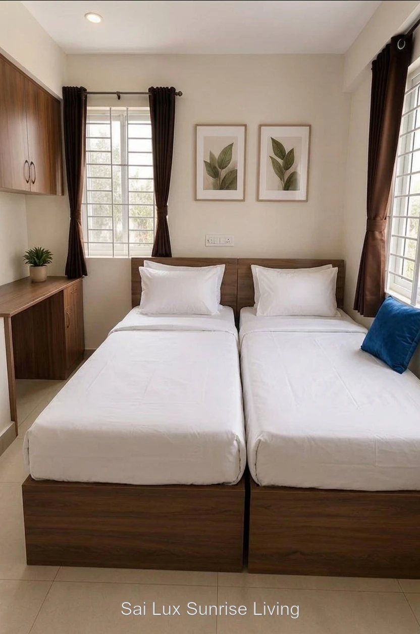 Twin bedroom with white bedding, wardrobe, framed botanical prints and garden-facing windows