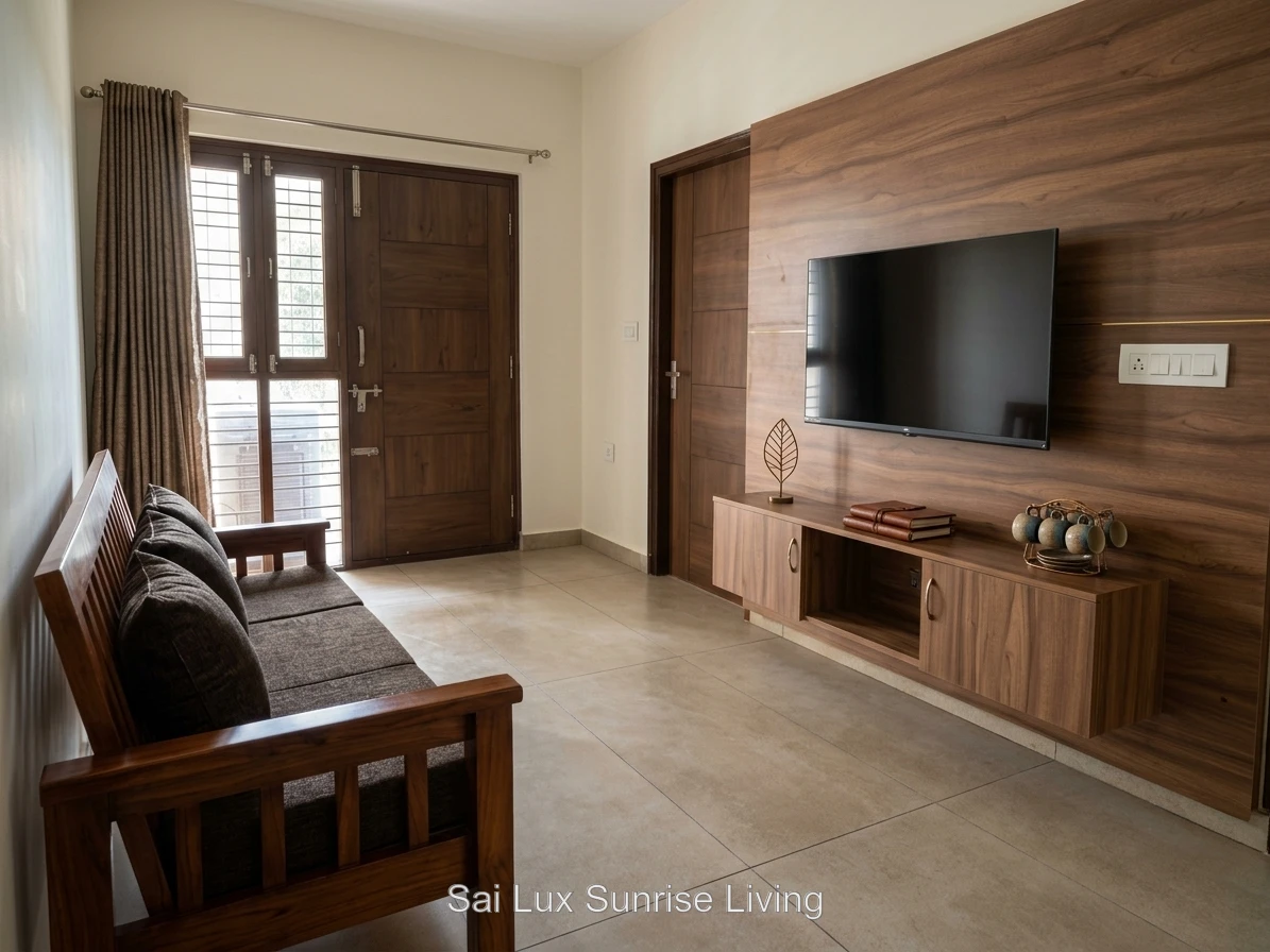Furnished living room with wall-mounted Smart TV and wooden sofa at Sai Lux Sunrise Living